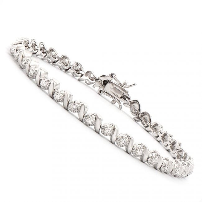 Plated Rhodium 0.27ctw Diamond Designer Bracelet $1,335: One Plated Rhodium 0.27ctw Diamond Bracelet. (35) Diamonds with a total weight of 0.27cts with a color of I-J and clarity of I-3. Total weight of this bracelet is 9.65 grams.