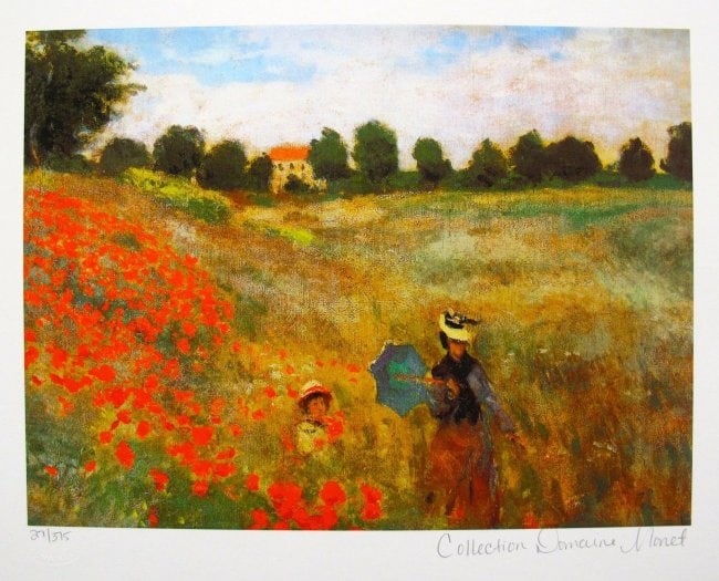 Claude Monet POPPIES NEAR ARGENTEUIL Estate Signed Giclee: This is a CLAUDE MONET (ESTATE COLLECTION DOMAINE) giclee titled ?POPPIES NEAR ARGENTEUIL?. This piece is pencil signed on the lower right as ?Collection Domaine Monet? and has an embossed seal stampe