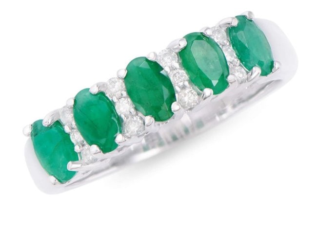 $4,895 GLS Appraisal Value! ! 1.35 Cts Certified Natural Emerald Diamond 14K Designer Gold Ring: Gemstone: EmeraldColor: GreenShape: OvalSize: 5x3Quantity: 5CTW: 1.18 Diamond DescriptionShape: RoundsSize: 1.4 mm Quantity: 12CTW: 0.17Grade: I1-I2Color: H-I Material Information:Primary Material: 14