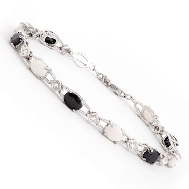 $2,475 Value! 8.09 cts Natural Diamond Opal Sapphire Rhodium Sterling Silver Designer Bracelet #2057: Diamond Description Shape: Round ,Size: 1.2mm, Quantity: 10, CT: 0.09, Grade: I2, Color: H-I, Opal : 5, 7x5mm, 2.2 ct, Black Sapphire : 5, 7x5mm, 5.8 ct, Material Information:Plating Material: Rhodium