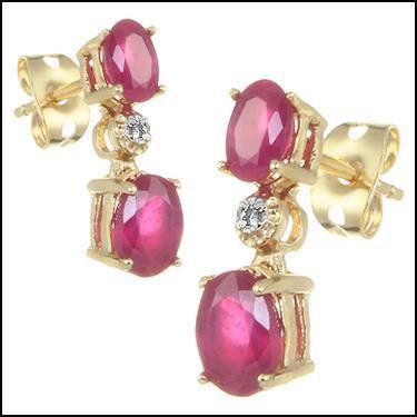 Genuine 3 CT Ruby Diamond Dangle Earrings: Master jewelers designed your jewelry with 4 pieces of GENUINE oval GENUINE rubies. 2 pieces of GENUINE single cut diamonds .1 carat tw. Set in Sterling Silver layered with 14K gold.