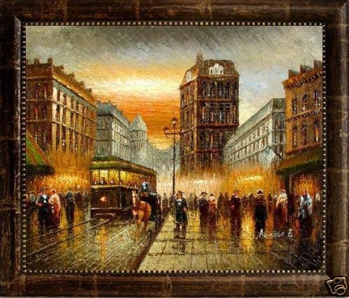 Framed Oil Painting on canvas - Boulevardiers: This is a hand painted fine art oil painting that has been signed by the artist. With soft silhouettes back lit by a city street scene, the overall impressionistic style of this piece is both intrigui
