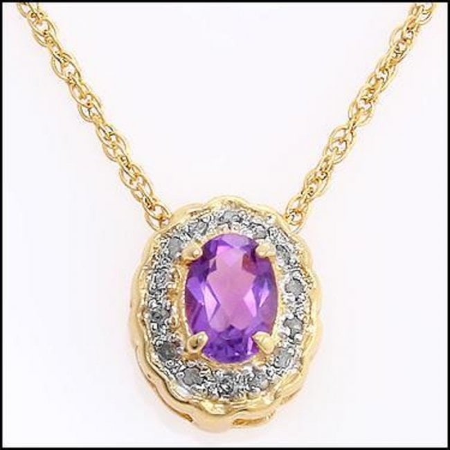 0.76 Cts Amethyst & Diamond 18KGP Designer Necklace: 1 piece of GENUINE 7x5 mm oval Amethyst quality AAA no treatment.14 pieces of GENUINE 1.1 mm faceted round diamond, no treatment. 2.65 grams of brass layered with 18K yellow gold.The necklace length i