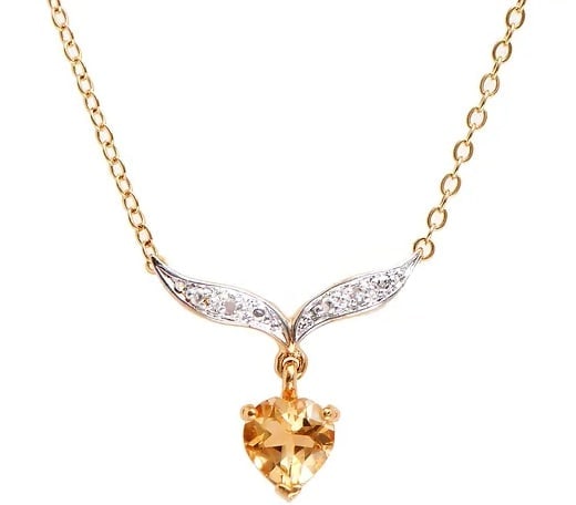 1.01 Cts Natural Citrine Diamonds 18K Gold Plated Designer Necklace $1,475!: Gemstone DescriptionGemstone: CitrineColor: OrangeShape: HeartSize: 7mmQuantity: 1CTW: 0.99 Diamond DescriptionShape: RoundsSize: 1.2mm Quantity: 2CTW: 0.02Grade: I2Color: H-I Material Information:Pla