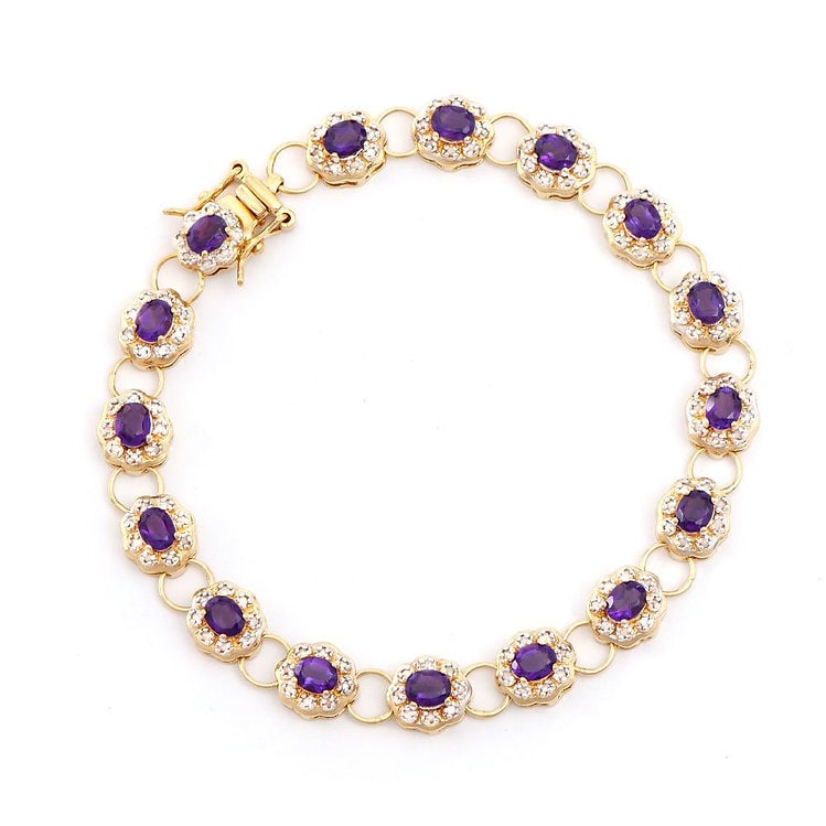 6.46 Cts Amethyst & Diamond Designer Bracelet: 16 pieces of GENUINE 5X4mm ovals Amethysts quality AAA no treatment.128 pieces of GENUINE 1.1 mm faceted round diamonds,1.01 carat Tw. I-J color & I2-I3 Clarity no treatment.14.05 grams of base metal 