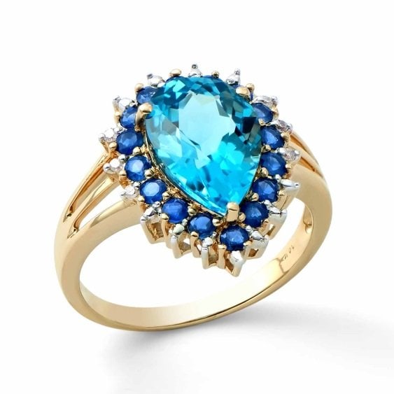 4.15 Cts Certified Topaz & Diamond Gold Ring $4,325.00: Main: 3.44 Ct of Oval shape Swiss Blue Topaz 12 x 8 mm quality AAA no treatment.Side: 0.68 Ct of Round shape Blue Sapphire 2.0 mm quality AAA no treatment.Side: 0.03 Ct round diamonds 1.0 mm , I-J , I