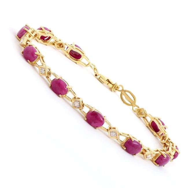 $2,485 Value! 10.34 cts Natural Diamond Ruby 18KGP Sterling Silver Designer Bracelet #2058: Diamond Description Shape: Round ,Size: 1.2mm, Quantity: 10, CT: 0.09, Grade: I2, Color: H-I, Ruby : 10, 7x5mm, 10.25 ct, Material Information:Plating Material: 18K Yellow Gold, Primary Material:Sterl