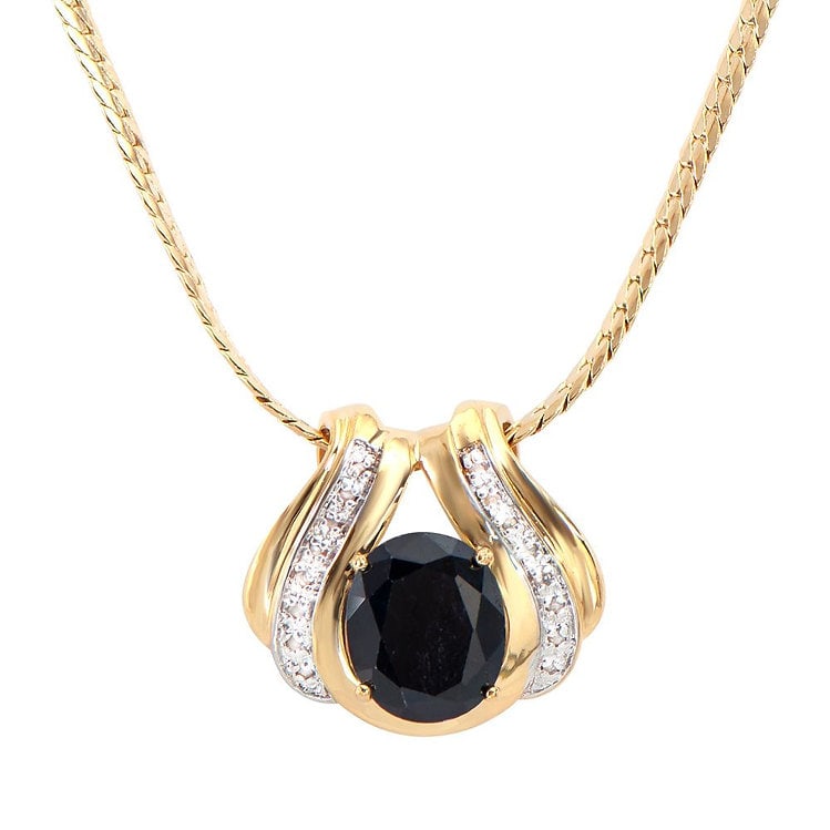 6.12 Cts Sapphire & Diamond Designer Necklace $1,680: 1 piece of GENUINE 12X10mm faceted oval Black Sapphire quality AAA no treatment.16 pieces of GENUINE single cut diamonds 0.12 carat Tw, I2-I3 no treatment.13.11 grams of base metal layered with 18K ye