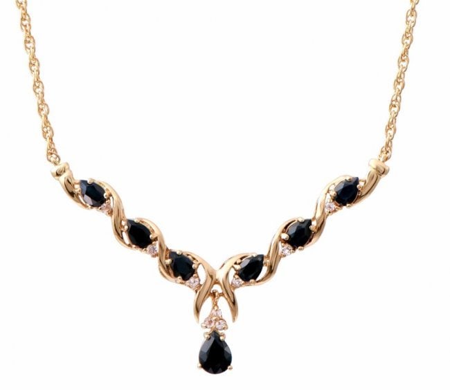 4.71 Cts Black Sapphire & White Topaz Designer Necklace: 1 piece of GENUINE 8X6 mm faceted Pear Shape Sapphire quality AAA no treatment.6 pieces of GENUINE 6X4 mm faceted Pear Shape Sapphires quality AAA no treatment.9 pieces of GENUINE 2.25 mm faceted Roun