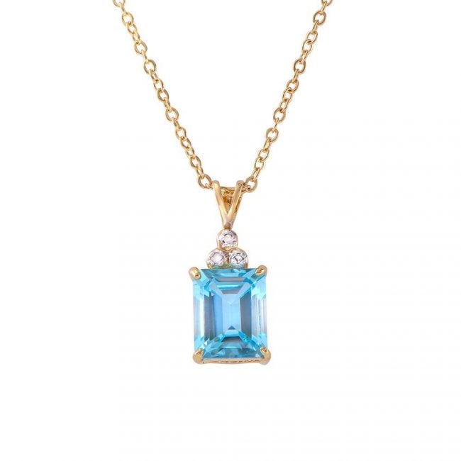 5.11 ctw Blue Topaz & Diamond Designer Necklace $870: One Plated 18KT Yellow Gold 5.10ctw Blue Topaz and Diamond Pendant with Chain. (1) Blue Topaz stone with a total weight of 5.10cts. (3) Diamonds with a total weight of 0.03cts with a color of I-J and 
