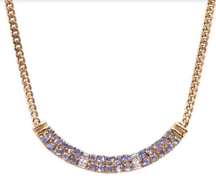 1.68 Cts Tanzanite & Diamond Designer Necklace $1,700: 30 pieces of GENUINE 2.4mm rounds Tanzanite quality AAA no treatment.4 pieces of GENUINE 1.1mm faceted round diamond 0.03 carat Tw.7.05 grams of brass layered with 18K yellow gold.The necklace length 