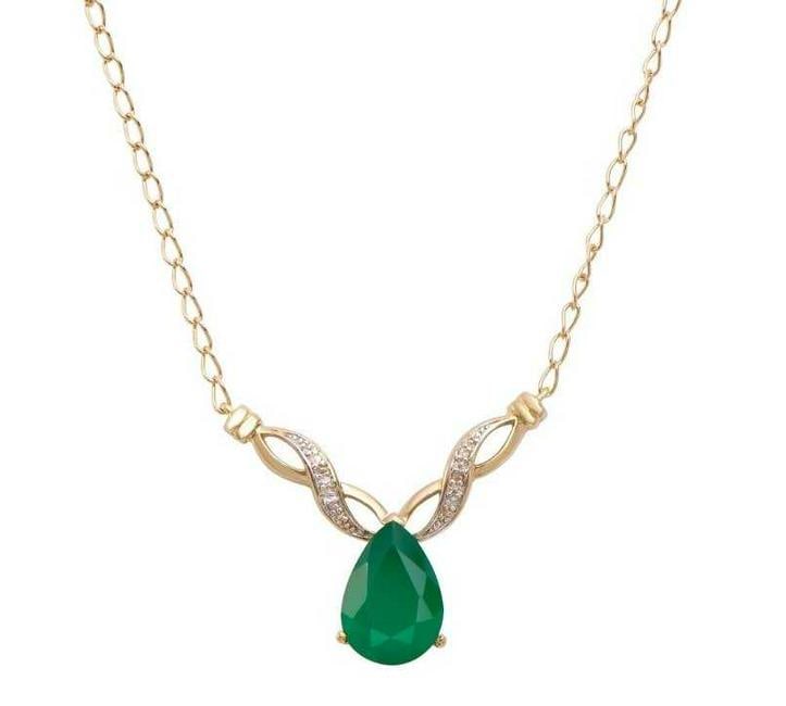 3.66 Cts Green Agate & Diamond 18KGP Designer Necklace: 1 pieces of Pear Shape GENUINE 14x10mm Green Agate quality AAA no treatment.6 pieces of GENUINE 1.1mm Rounds Diamonds 0.05 carat Tw.5.55 grams of brass layered with 18K yellow gold.The necklace length