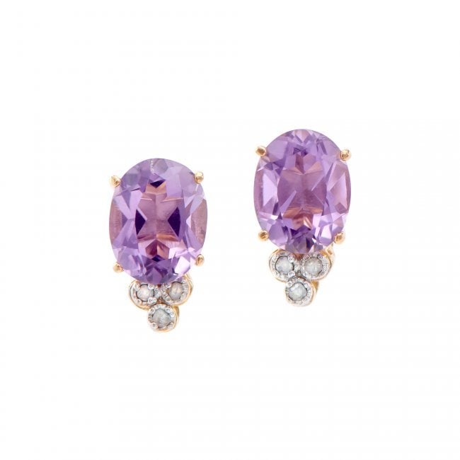 3.01 Cts Amethyst & Diamond 18KGP Designer Earrings: 2 pieces of GENUINE 9x7mm Purple Amethysts quality AAA no treatment. 6 pieces of GENUINE single cut oval diamonds 0.06 carat Tw. 2.05 grams of base metal layered with 18K yellow gold. The motif width 