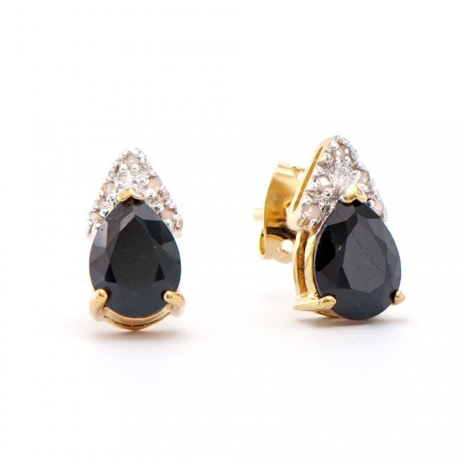 2.93 CT Black Sapphire Diamond 18KGP Designer Earrings: 2 pieces of GENUINE 8X6 mm Pears Black Sapphires quality AAA no treatment. 10 pieces of GENUINE single cut diamonds 0.08 carat Tw, I2-I3 no treatment. 1.85 grams of brass layered with 18K yellow gold.