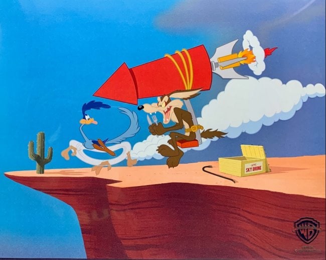 Warner Bros WILE COYOTE ROADRUNNER Sericel Animation Art Cel Acme Rocket MSRP $1,375!: This is a limited edition sericel of Wile Coyote and Roadrunner titled ?Acme Sky Drone?.This Cel measures 11" x 14", comes unframed, in excellent condition.This cel bears an authentication stamp from 