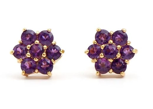 1.21 Cts Natural Amethyst Diamonds 18K Gold Plated Designer Earrings $1,175!: Gemstone DescriptionGemstone: AmethystColor: VioletShape: RoundSize: 3mmQuantity: 14CTW: 1.21 Material Information:Plating Material: Yellow GoldPlating Material Karat: 18kPrimary Material: Base Metal 