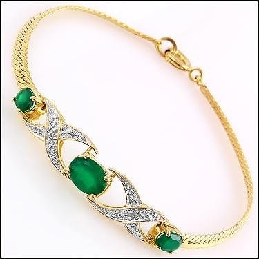 1.82 CT Green Agate & Diamond 18KGP Designer Bracelet: 3 pieces of GENUINE 3.5-7.5 mm oval Green Agates quality AAA no treatment.2 pieces of GENUINE single cut diamonds, 0.02 carat Tw.6.89 grams of base metal layered with 18K yellow gold.The length is aro