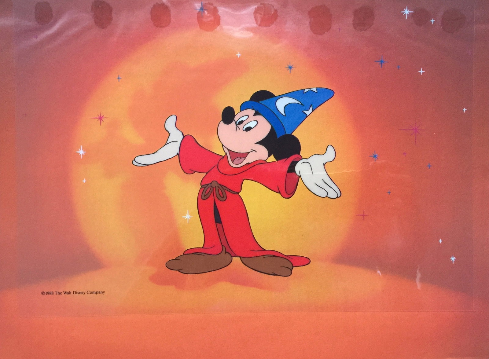 DISNEY Mickey Mouse SORCERER FANTASIA 1988 Sericel Animation Art Cel: This is a Limited Edition Sericel of Disney Mickey Mouse.This fantastic animation features Sorcerer Mickey from Fantasia.This Cel measures 8? x 11?, comes unframed, in excellent condition.This cel