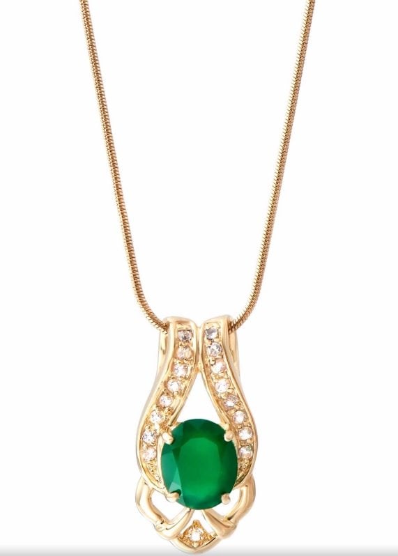 6.80 Cts Green Agate & White Topaz 18KGP Designer Necklace: 1 piece of GENUINE 12X10mm oval Green Agate no treatment quality AAA.17 pieces of GENUINE 2mm White Topaz.7.65 grams of Base Metal layered with 18K yellow Gold (18KGP stamp).The length is 18 inches