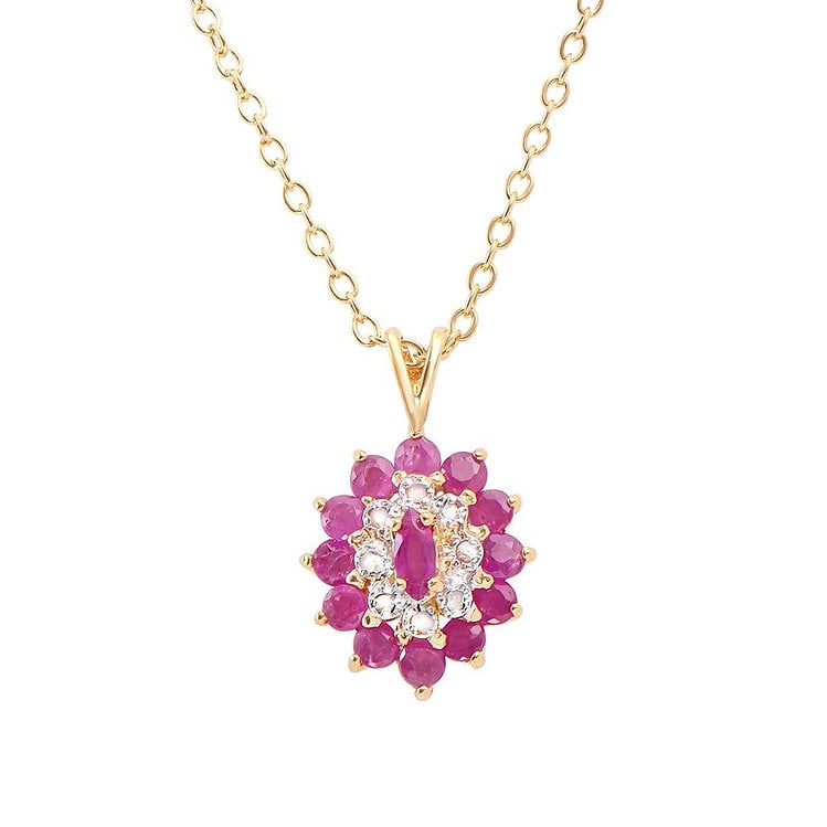 1.36 CT Ruby & Diamond 18KGP Designer Necklace $1,310: 1 piece of GENUINE 5X2.5 mm marquise Ruby quality AAA no treatment.12 pieces of GENUINE 2.5 mm rounds Rubies quality AAA no treatment.8 pieces of GENUINE 1.1 mm faceted rounds diamonds. 2.65 grams of 