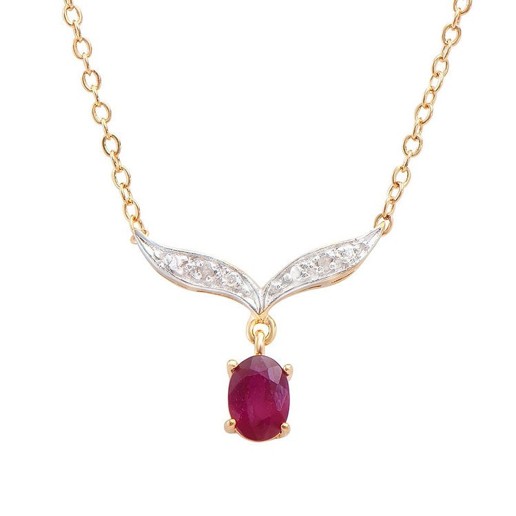 2.02 CT Ruby & Diamond Designer Necklace $855: 1 piece of GENUINE 7X5 mm faceted Ruby quality AAA no treatment.2 pieces of GENUINE single cut diamonds 0.02 CT, I-J color & I2-I3 Clarity no treatment. 2.28 grams of brass layered with 18K yellow gol