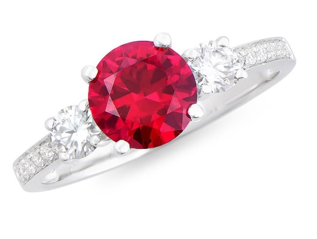 $10,895 Value! 2.05 ct Lab Grown Ruby Diamond Ring F, VVS AAA IDEAL Cut CERT: Gemstone Description:Gemstone: Ruby Lab Grown Color: Red Shape: Round Size: 7mm Quantity: 1 Grade:AAA Ct: 1.61 Diamond Lab Grown Description:Shape: Round Size: 1.2-3.5mm Quantity: 15Ct: 0.44Grade: VVS