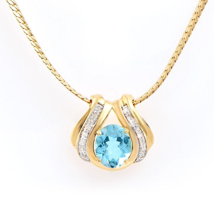 6.12 CT Swiss Blue Topaz & Diamond Designer Necklace: 1 piece of Genuine 12X10mm faceted oval Blue Topaz quality AAA no treatment.16 pieces of Genuine single cut diamonds 0.12 carat tw.10.35 grams of brass layered with 18K yellow Gold.The length is 18 in