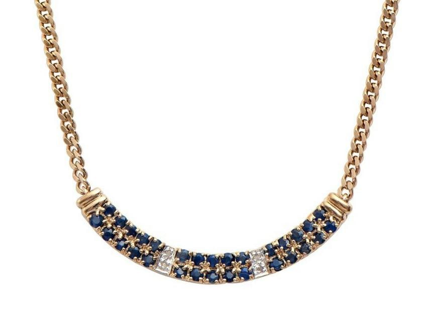 2.28 CT Sapphire & Diamond Designer Necklace $1,700: 30 pieces of GENUINE rounds 2.4mm Sapphires quality AAA no treatment.4 pieces of GENUINE 1.1mm faceted rounds diamonds 0.03 carat Tw.7.05 grams of brass layered with 18K yellow gold.The necklace lengt