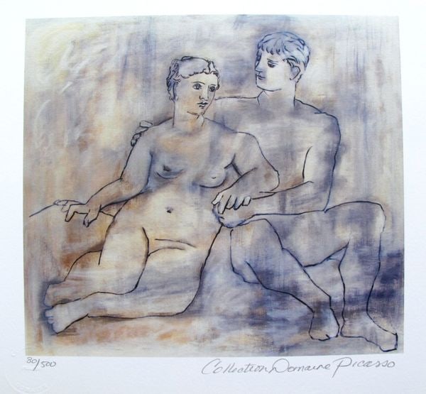 Pablo Picasso LOVERS Estate Signed Ltd Ed Giclee: This is a PABLO PICASSO (ESTATE COLLECTION DOMAINE) (1881-1973) small giclee titled "LOVERS". This piece is pencil signed on the lower right as 'Collection Domaine Picasso' and has an embossed seal st