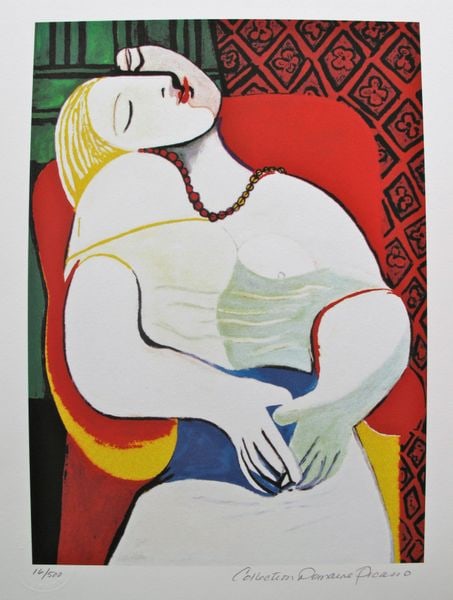 Pablo Picasso THE DREAM Estate Signed Ltd Ed Giclee: This is a PABLO PICASSO (ESTATE COLLECTION DOMAINE) (1881-1973) giclee titled "THE DREAM". This piece is hand pencil signed on the lower right as 'Collection Domaine Picasso' and has an embossed seal 