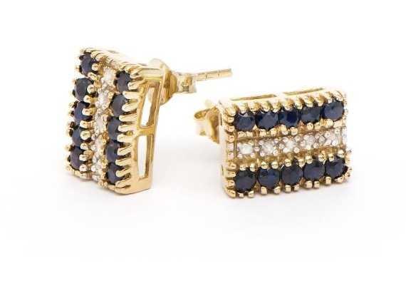 1.19 CT Sapphire & Diamond Designer Earrings $1,200: 20 pieces of GENUINE 2.3 mm rounds Black Sapphires quality AAA no treatment.10 pieces of GENUINE 1.1 mm single cut diamonds I2-I3 no treatment.2.65 grams of brass layered with 18K yellow gold.
