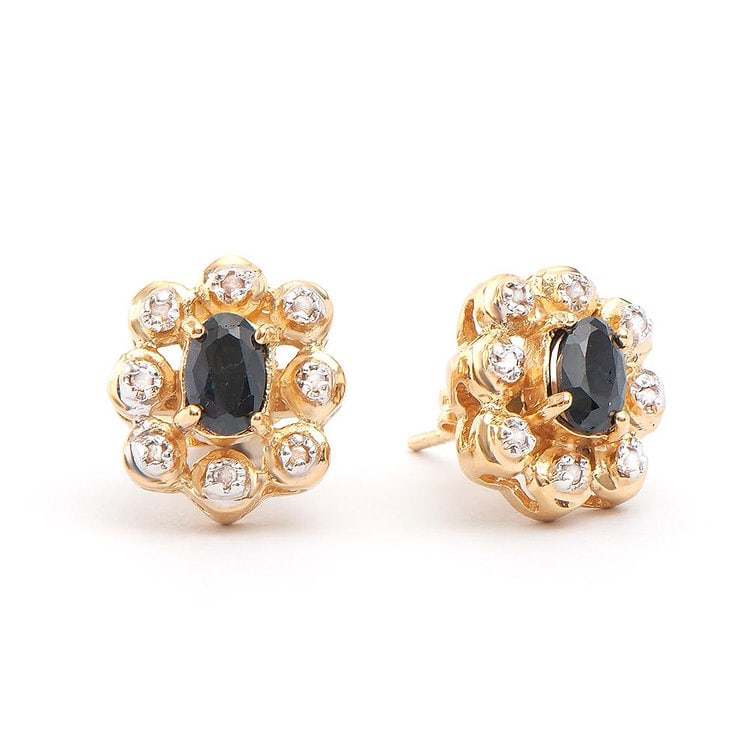 1.42 Ct Black Sapphire & Diamond 18KGP Designer Earrings: 2 pieces of GENUINE 6X4mm Ovals Black Sapphires quality AAA no treatment. 16 pieces of GENUINE single cut diamonds 0.12 carat Tw,I2-I3 no treatment. 3.25 grams of base metal layered with 18K yellow go