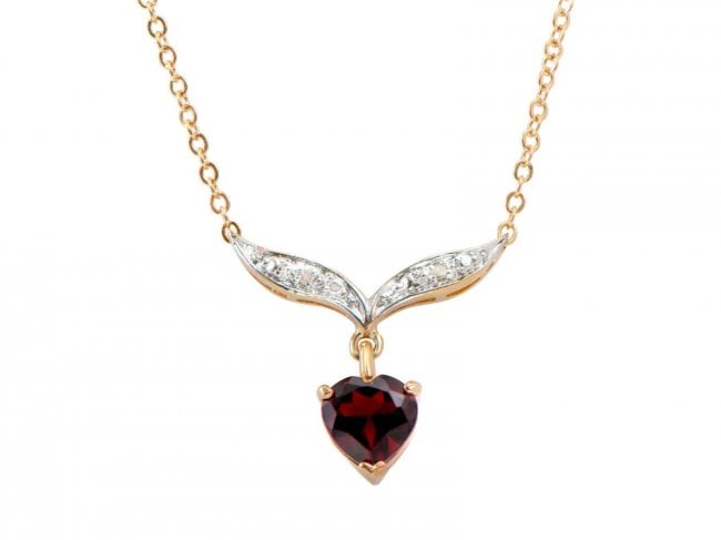 1.30 ct Garnet & Diamond Deasigner Necklace $885: One Plated 18KT Yellow Gold 1.30ct Garnet and Diamond Pendant with Chain. (1) Garnet stone with a total weight of 1.30cts. (2) Diamonds with a total weight of 0.02cts with a color of I-J and clarity o