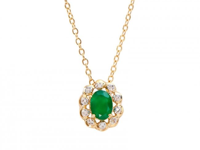 1.02 ct Green Agate & Diamond Designer Necklace $890: One Plated 18KT Yellow Gold 1.00ct Green Agate and Diamond Pendant with Chain. (1) Green Agate stone with a total weight of 1.00cts. (10) Diamonds with a total weight of 0.08cts with a color of I-J an