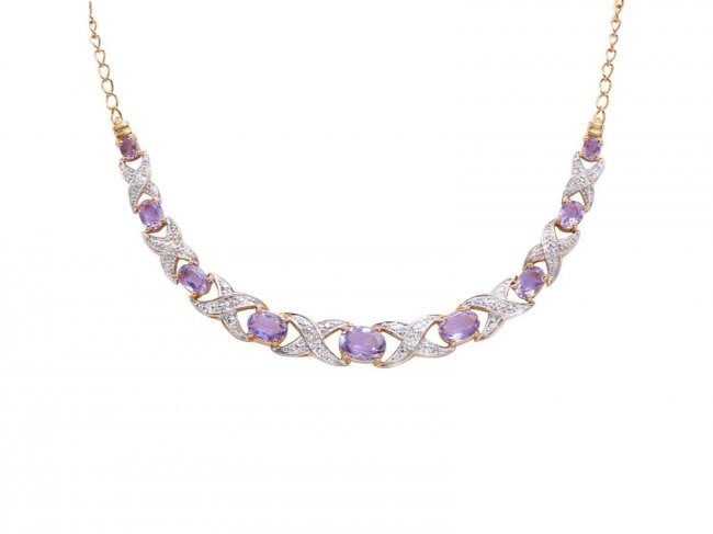 4.05 ct Amethyst and Diamond Designer Necklace $1,150!: One Plated 18KT Yellow Gold 4.00ctw Amethyst and Diamond Pendant with Chain. (9) Amethyst stone with a total weight of 4.00cts. (8) Diamonds with a total weight of 0.06cts with a color of I-J and clar