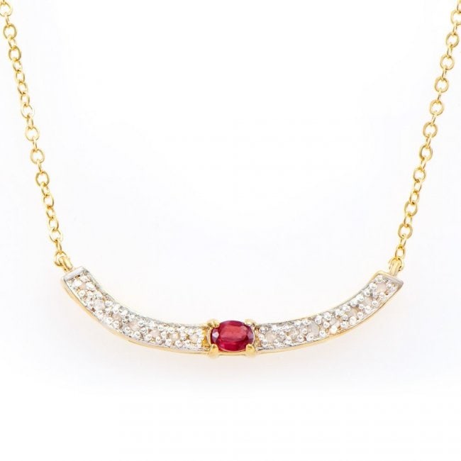 0.25 ct Ruby & Diamond Designer 18KGP Necklace $775: One Plated 18KT Yellow Gold 0.25ct Ruby and Diamond Pendant with Chain. (1) Oval shape Ruby measuring 4x3mm. (14) round diamonds measuring 1.1mm. Total weight of this pendant with chain is 2.65 grams.