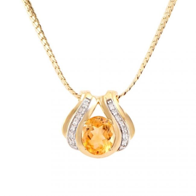 4.05 ct Citrine & Diamond 18KG Designer Necklace $1,170: One Plated 18KT Yellow Gold 4.05ct Citrine and Diamond Pendant with Chain. (1) Citrine stone measuring 12x10mm with a total weight of 4.05cts. (16) Diamonds measuring 1.1mm with a color of I-J and cla