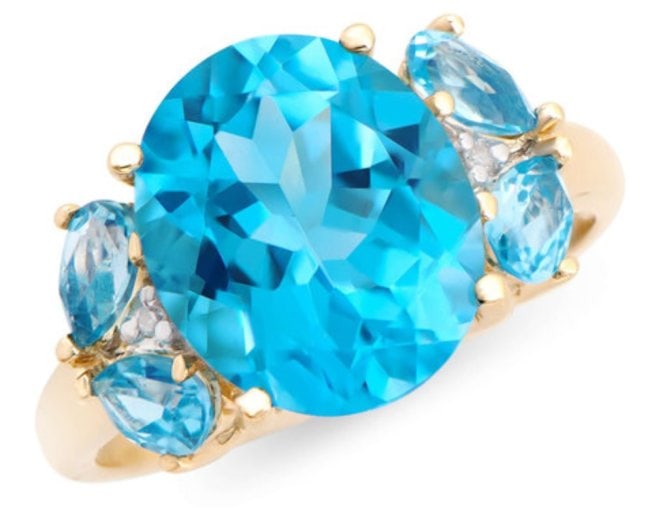 6.16 CTS Certified Diamonds & Blue Topaz 14K Yellow Gold Designer Ring: Gemstone: Swiss Blue topazColor: BlueShape: OvalSize: 12x10Quantity: 1CTW: 5.25 Gemstone DescriptionGemstone: Swiss Blue TopazColor: BlueShape: PearsSize: 5x3Quantity: 4CTW: 0.76 Diamond DescriptionSh