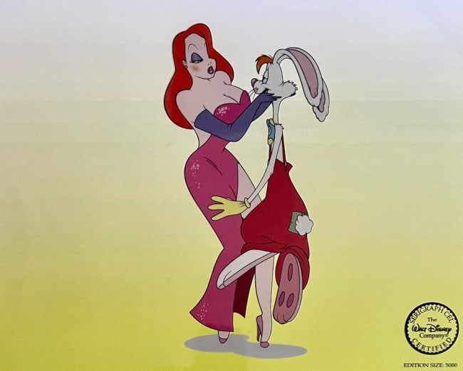 DISNEY WHO FRAMED ROGER RABBIT Sericel Animation Art MSRP $1,385!: This is a Disney Limited Edition Serigraph Cel of Jessica & Roger Rabbit.Disney?s own artists have selected this scene from the original animation drawings used to produce this classic 1988 film ?Who 