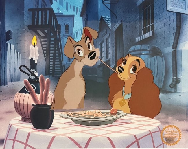 Disney LADY AND THE TRAMP Limited Edition Sericel Animation Art MSRP $1,395!: This is a Disney Limited Edition Serigraph Cel of Lady and the Tramp.From Walt Disney Studios. Disney?s own artists have selected this scene from the original animation drawings used to produce this c