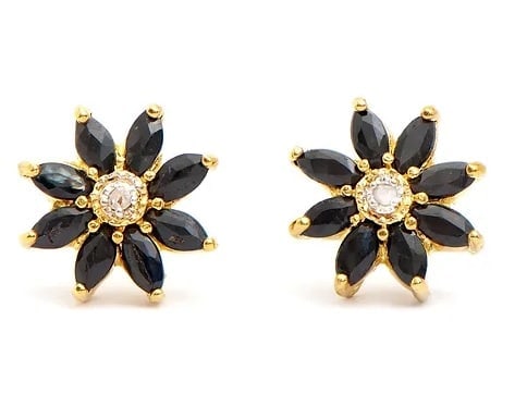 1.63 Cts Natural Sapphire Diamonds 18K Gold Plated Designer Earrings $1,285!: Gemstone DescriptionGemstone: Black SapphireColor: BlackShape: MarquiseSize: 4x2Quantity: 16CTW: 1.61 Diamond DescriptionShape: RoundsSize: 1.2mm Quantity: 2CTW: 0.02Grade: I3Color: H-I Material Infor
