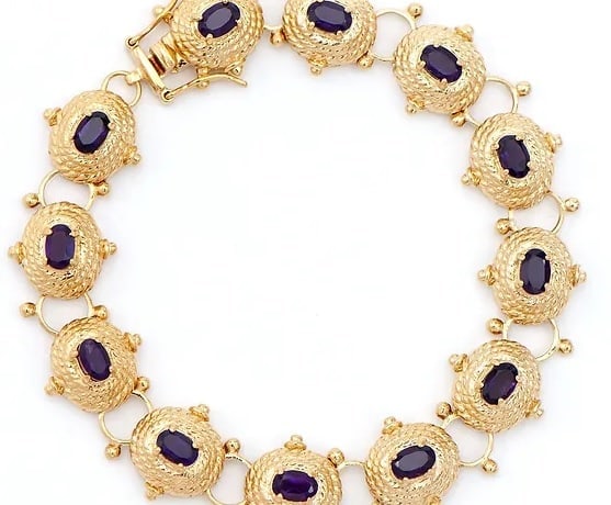 5.05 Cts Natural Amethyst Antique Style 18KGP Designer Bracelet $1,485!: Gemstone DescriptionGemstone: AmethystColor: VioletShape: OvalSize: 6x4Quantity: 12CTW: 5.05 Material Information:Plating Material: Yellow GoldPlating Material Karat: 18kPrimary Material: Base Metal J