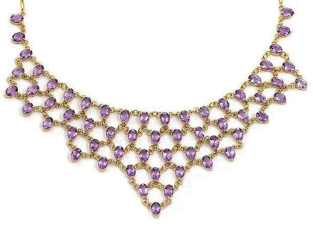 42.00 Cts Natural Amethyst 18KGP Designer Necklace $2,775!: Gemstone DescriptionGemstone: AmethystColor: VioletShape: OvalSize: 7x5Quantity: 59CTW: 42 Material Information:Plating Material: Yellow GoldPlating Material Karat: 18kPrimary Material: Base Metal Jew