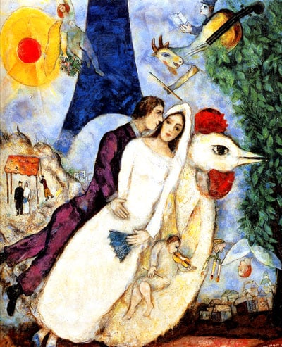 Marc Chagall BRIDE & GROOM OF THE EIFFEL TOWER Limited Ed. Gicl: This is a MARC CHAGALL giclee lithograph print titled "BRIDE & GROOM OF THE EIFFEL TOWER". This is facsimile signed on the lower right and is pencil numbered on the lower left from an edition of 375. 
