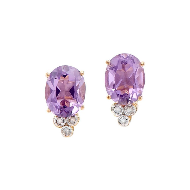 3.01 Cts Amethyst & Diamond 18KGP Designer Earrings: 2 pieces of GENUINE 9x7mm Purple Amethysts quality AAA no treatment.6 pieces of GENUINE single cut oval diamonds 0.06 carat Tw. 2.05 grams of base metal layered with 18K yellow gold.The motif width is