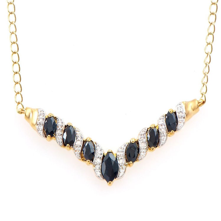 2.72 Cts Sapphire & Diamond 18KGP Designer Necklace: 1 piece of GENUINE 8X4mm Marquis Shape Black Sapphire quality AAA no treatment.6 pieces of GENUINE 6x3mm Marquis Shape Black Sapphires quality AAA no treatment.8 pieces of GENUINE single cut 1.1mm rou