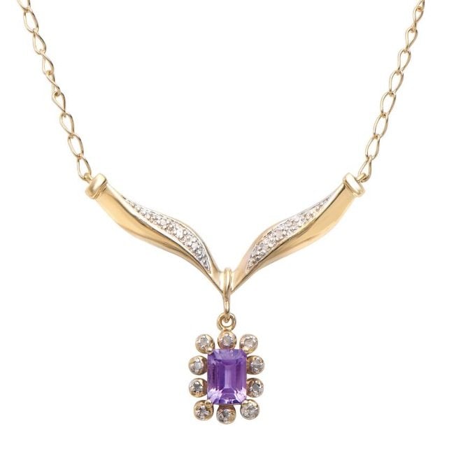 7.34 CT Amethyst & Diamond Designer Necklace $1,285: 1 pieces of Emerald cut GENUINE Amethyst quality AAA no treatment. 16 pieces of GENUINE 3X3mm faceted round diamond 0.22 carat Tw.8.98 grams of Base Metal layered with 18K yellow gold.The necklace len
