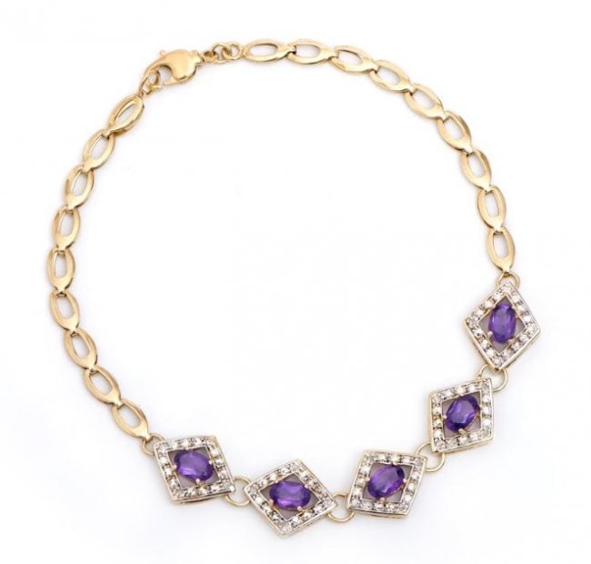 2.22 Cts Amethyst & Diamond 18KGP Designer Bracelet: 3 pieces of GENUINE 6x4mm ovals Amethysts quality AAA no treatment.20 pieces of GENUINE single cut diamonds, 0.15 carat Tw.5.75 grams of base metal layered with 18K yellow gold.The length is around 7 