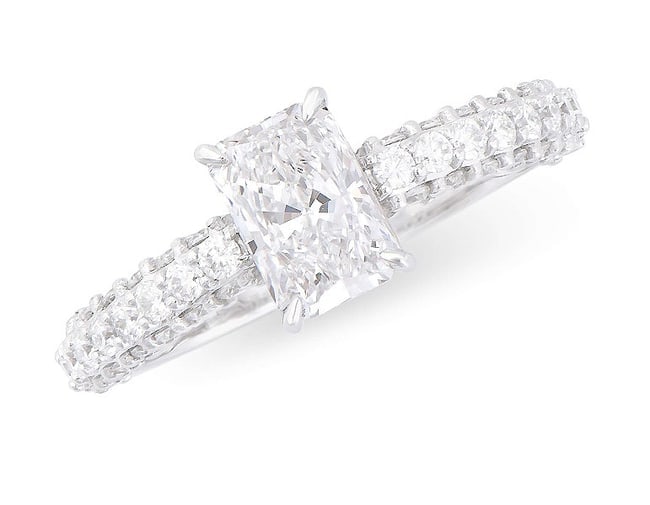 $16,895 Value ! 1.88 Ct IGI Certified Lab Grown Designer Diamond Ring F VVS IDEAL Cut: Main Diamond Description: Shape: RadiantSize: 7.58x5.14mm Weight: 1.12 CTGrade: VVS 2Color: F Diamond Description: Shape: RoundsSize: 1.2mm Weight: 0.76 CTGrade: VVS 2Color: E-F Material Information: 