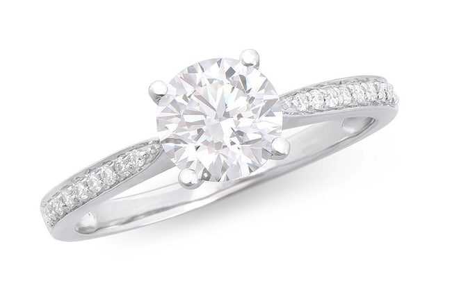 $13,895 Value! 1.25 cT IGI Certified Lab Grown Designer Diamond Ring F VVS 2 IDEAL Cut: Diamond Description: Shape: Round Size: 6.66mm Quantity: 1, 1.13 ctGrade: VVS 2 !!!Color: F Diamond Description: Shape: Rounds Size: 1.1mm Quantity: 18, 0.12 ctGrade: VVS 2 !!!Color: E-F Material Info